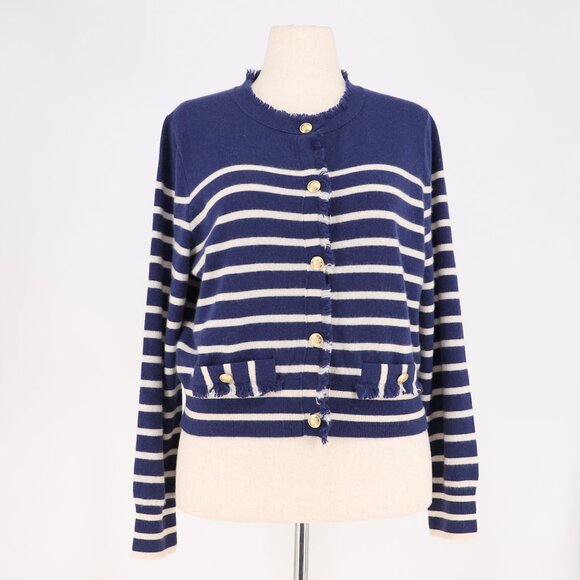 J.CREW 100% Cashmere Fringe-Trim Sweater Lady Jacket Evening Muslin Navy Size XL - Picture 4 of 12